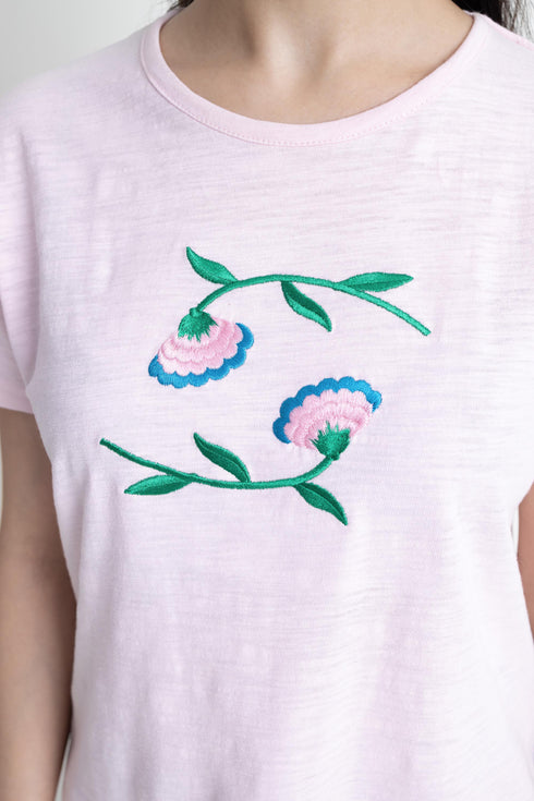 Pink Flower Embroidery T-Shirt